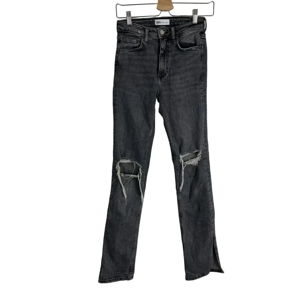 ZARA Split-Hem Skinny Jeans Gray Busted Knees Distressed Y2K Streetwear Sz 4